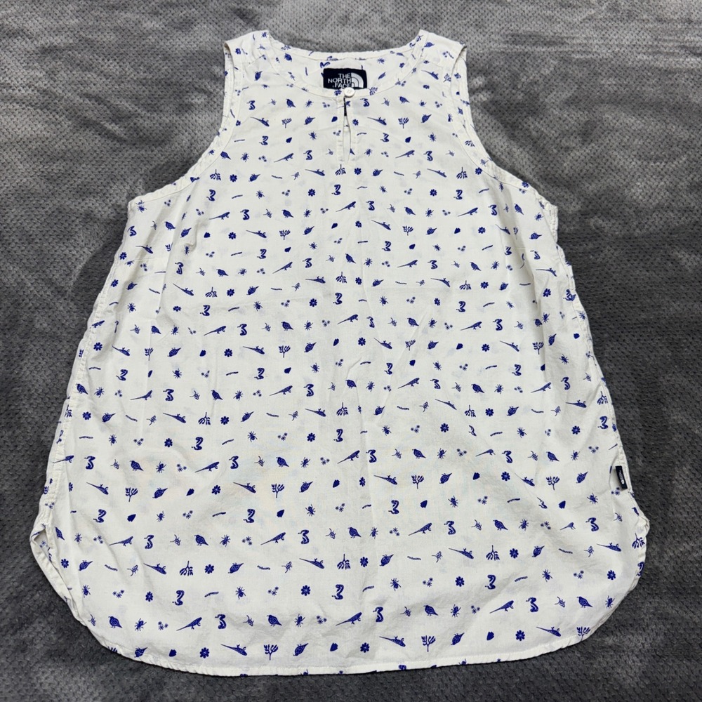 The North Face Womens White Blue Critter Print Sleeveless Cotton Top Size Medium